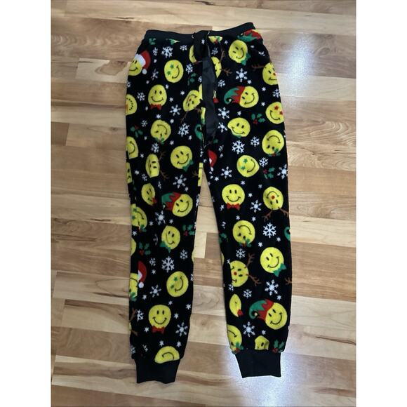 Derek & Heart Emoji Pajama Pants Christmas Medium Women Black Yellow - Picture 1 of 5